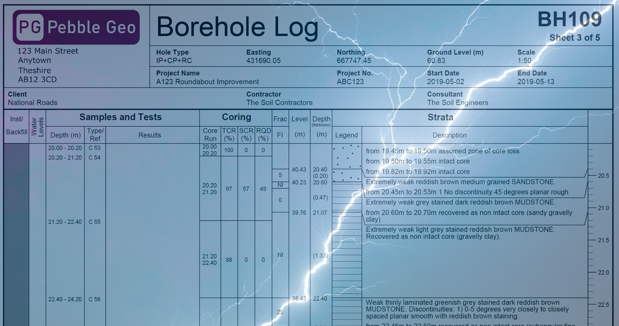 Image of a borehole log with a photo of lightening overlaid
